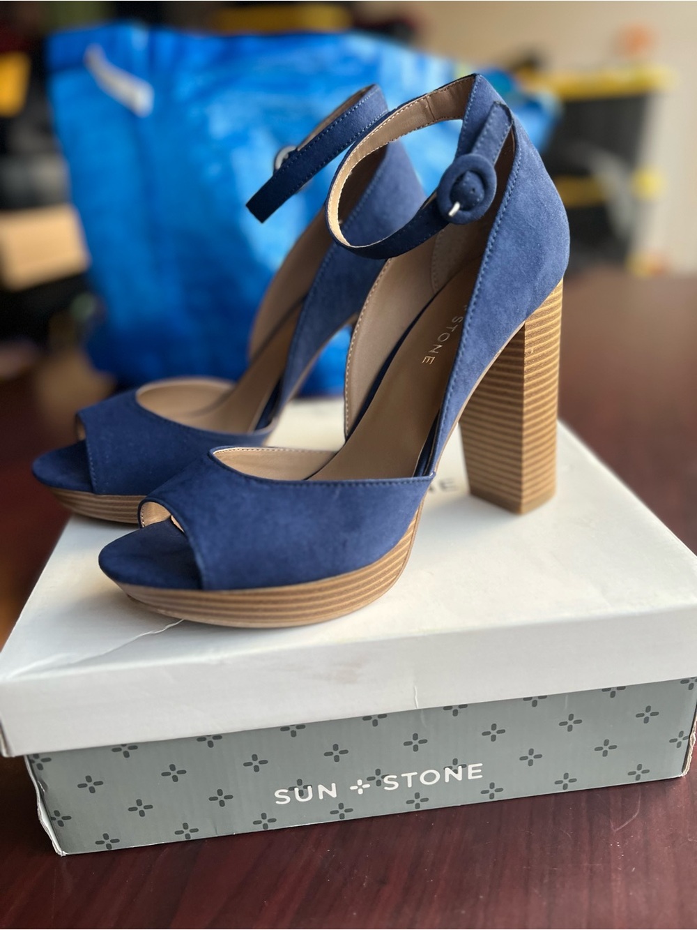 Sun + Stone Navy Suede Peep-Toe Ankle-Strap Platform Heels